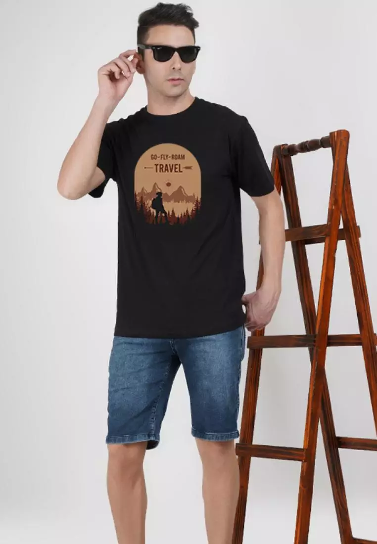 Go Fly Roam 图案黑色棉质短袖圆领常规版型 T 恤