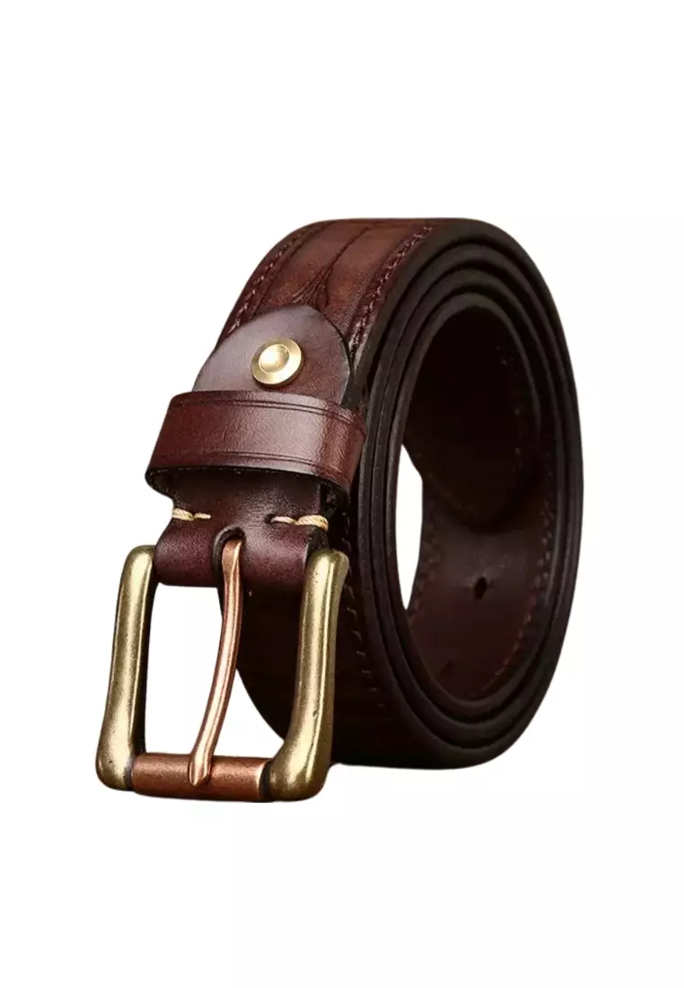 Embossed leather belt with copper buckle available on both sides