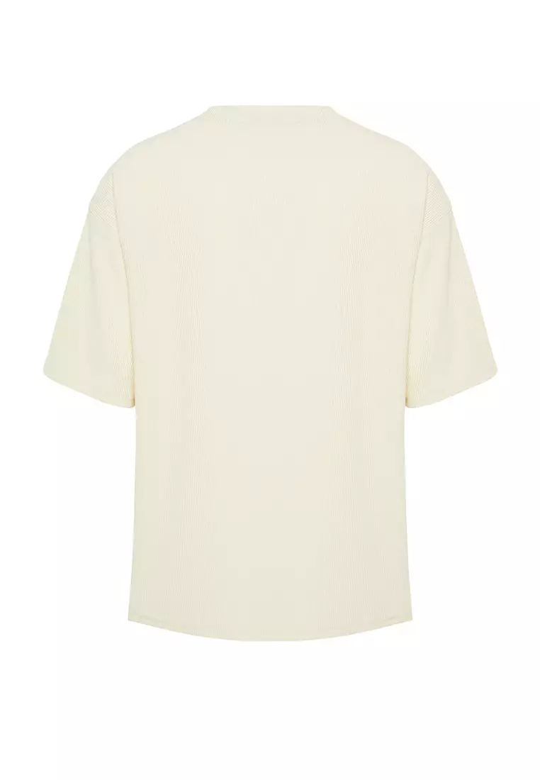 Ecru Premium Oversized Crew Neck Short Sleeve Textured Ottoman T-Shirt