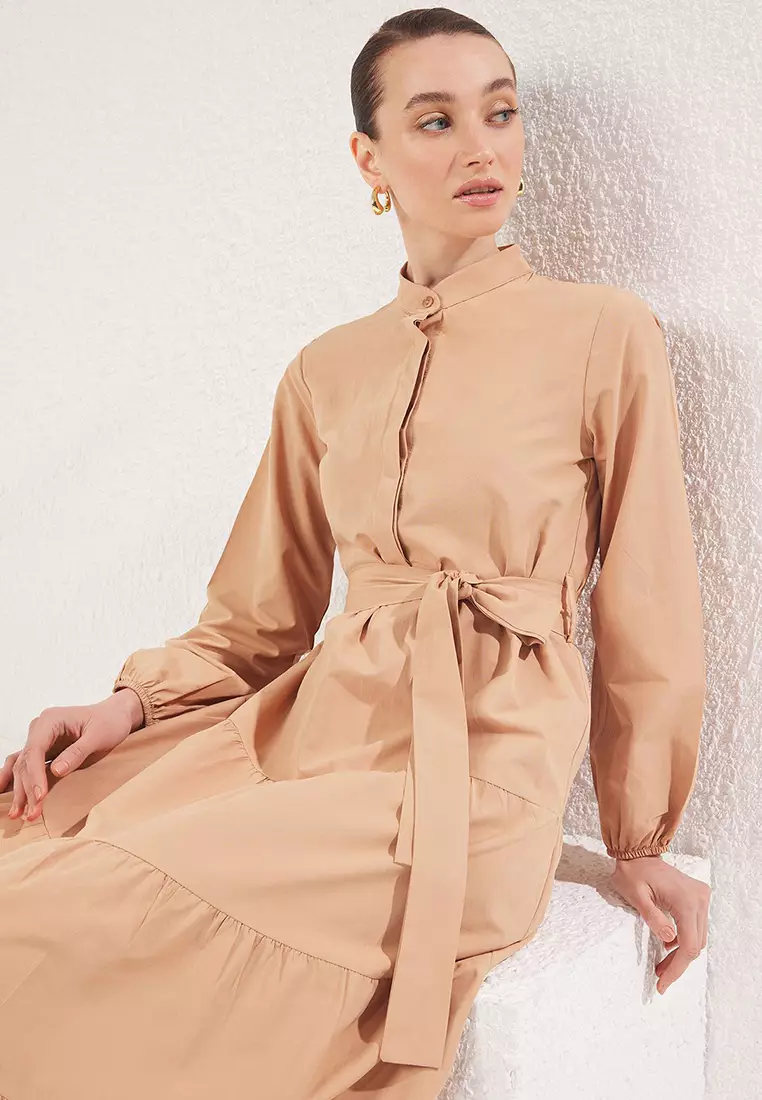 Beige Belted Judge Collar with Button Detail Woven Dress TCTSS21EL3343