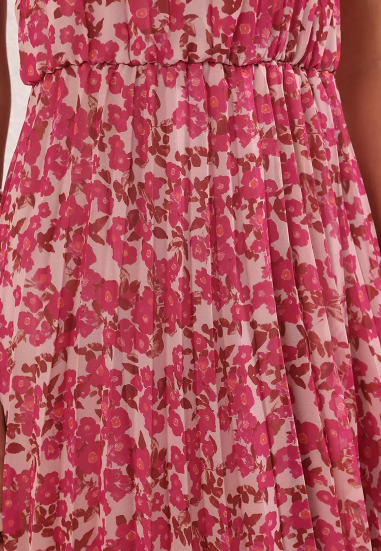Pink Skirt Waist Open Floral Pleated Midi Woven Dress Twoss25El00581