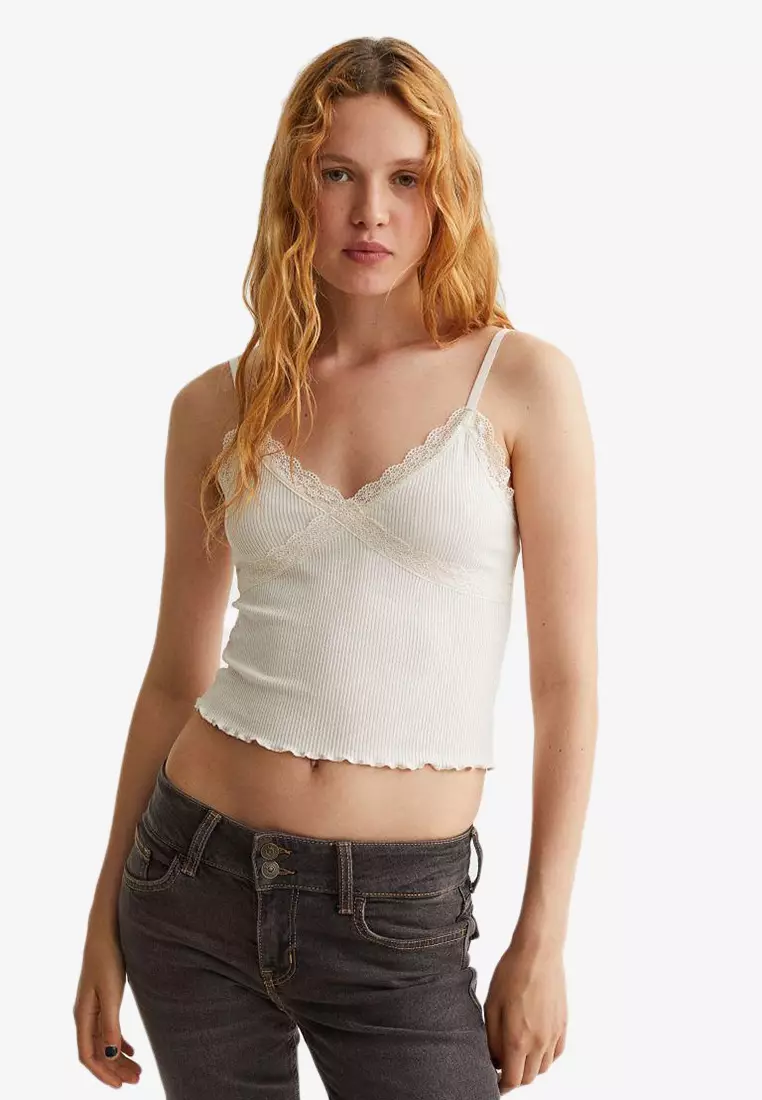 H&M Lace-trimmed Ribbed Tank Top - ShopStyle