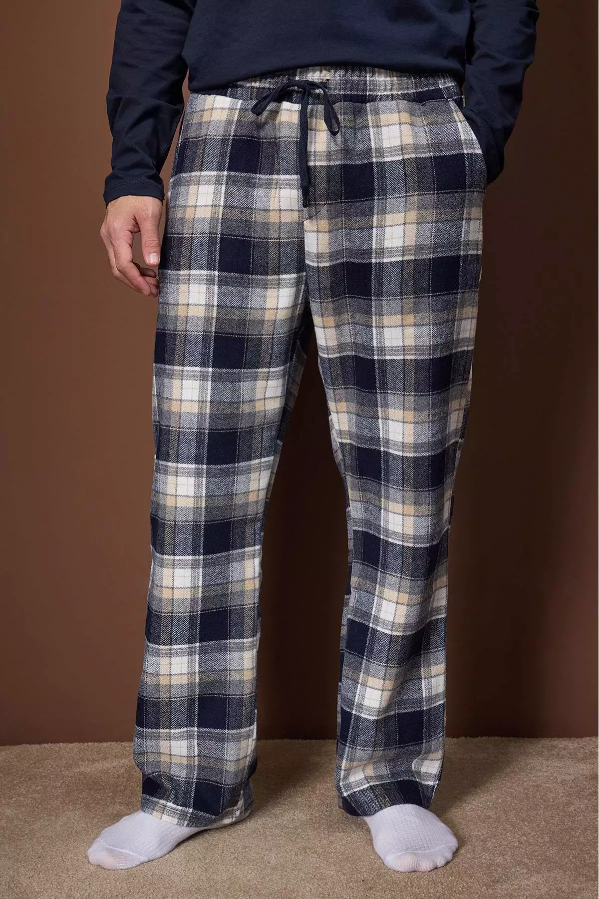Navy Blue Regular Plaid / Checkered Woven Pajama Set Tmnaw26Pt00061
