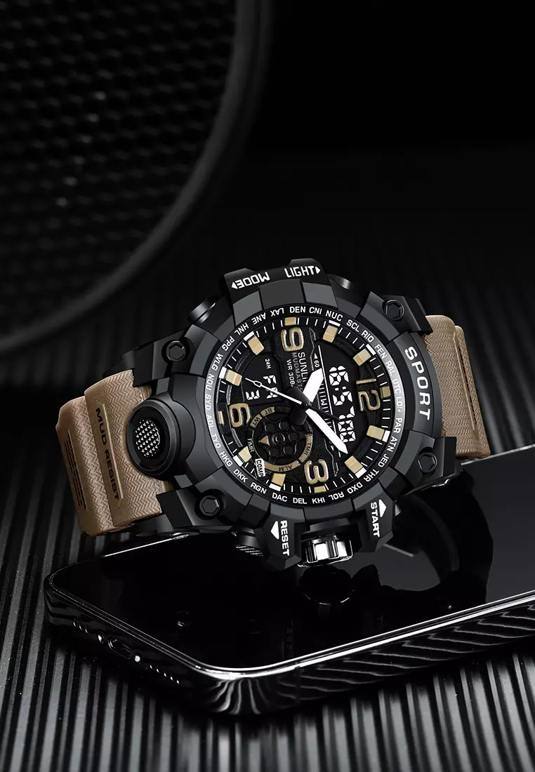 Jam Tangan Pria D002 Original Olahraga Jam Digital Multifungsi Tali Silikon Jam Tangan Cowok Khaki