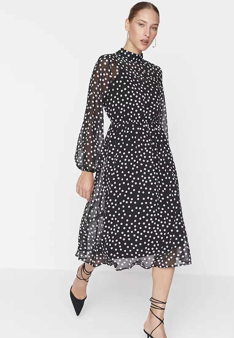 Warehouse black metallic spot midi dress cheap