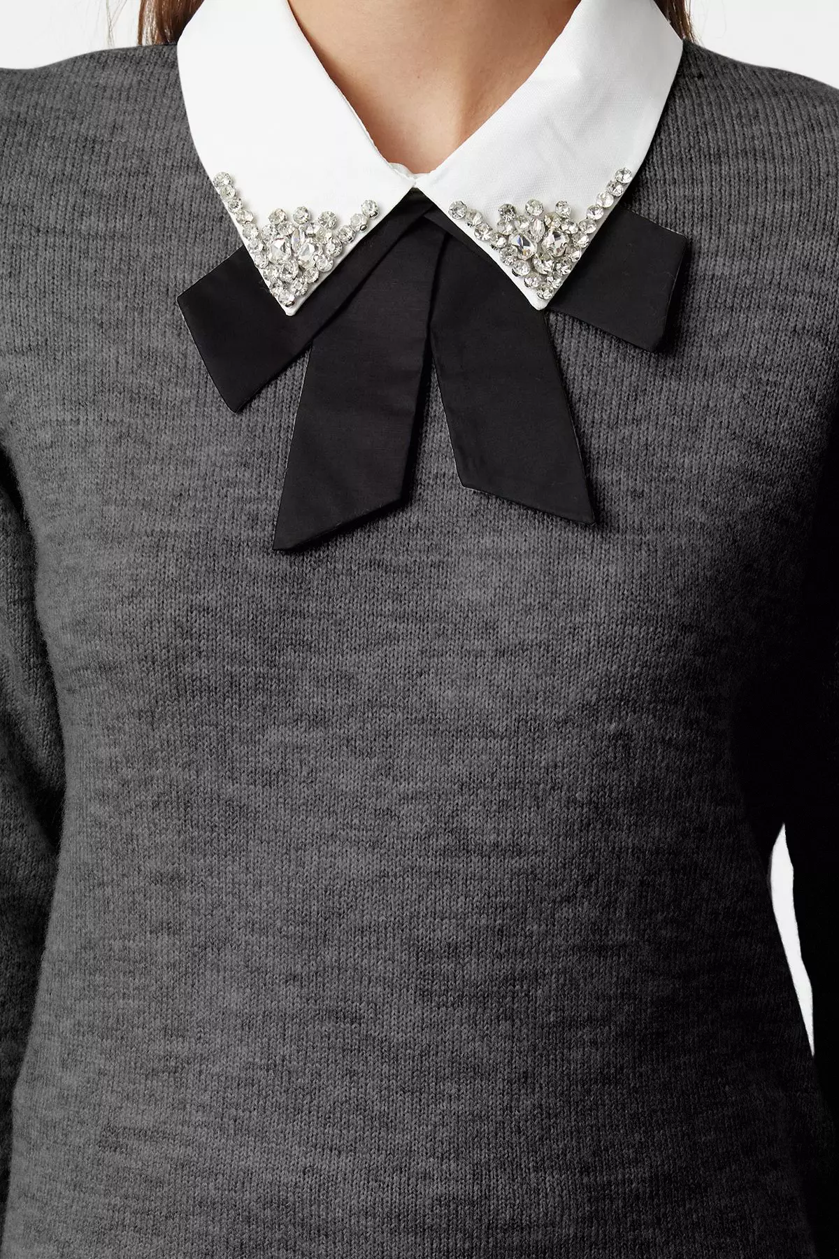 Anthracite Soft Textured Shirt Garnish Ribbon/Bow Detail Stone Knitwear Sweater