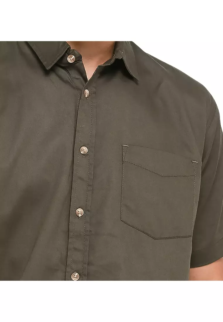 NX Kemeja Polos Cotton Twill Hijau Tua Regular Fit Pria