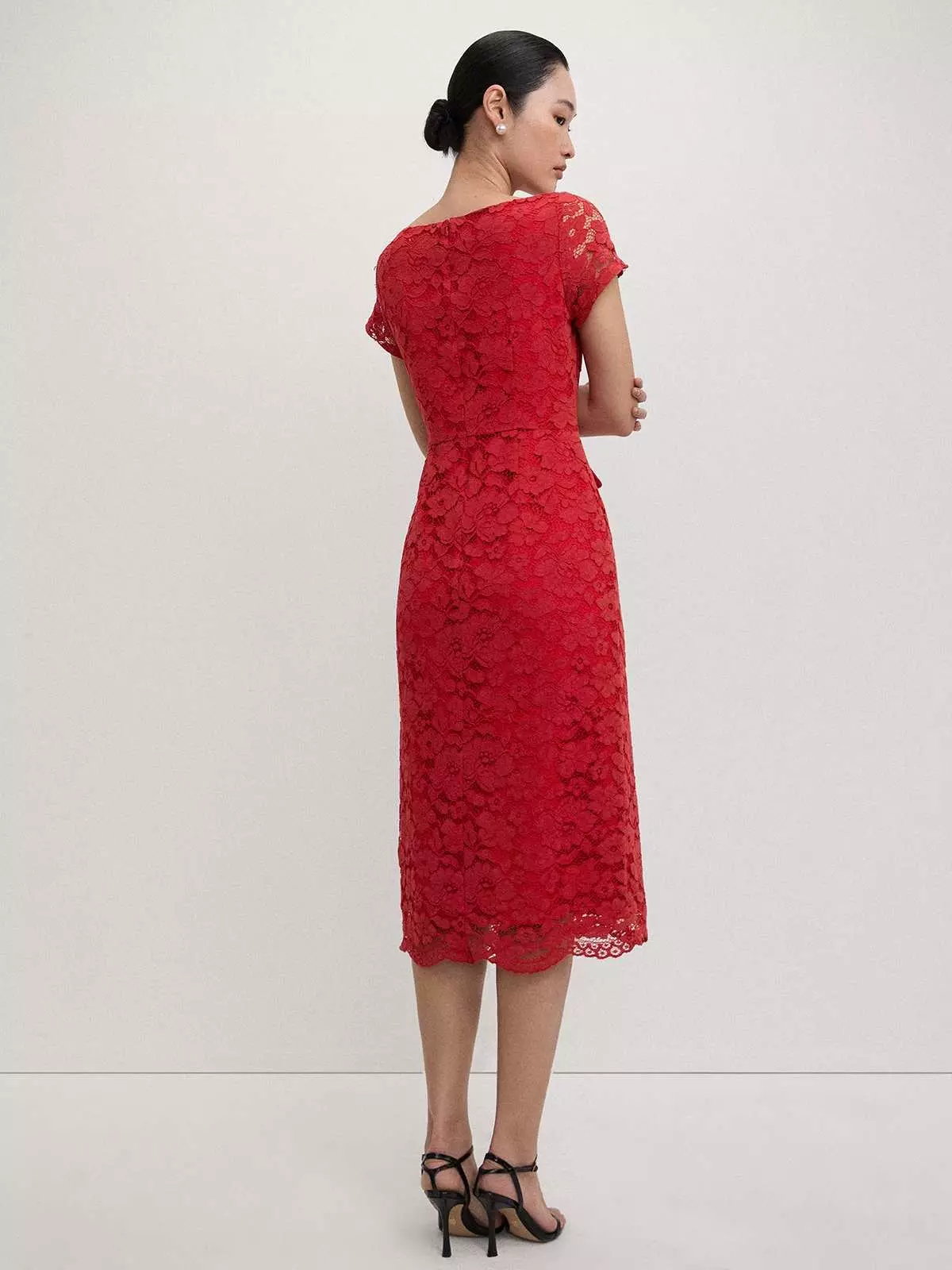 Lace Button-Up Midi Dress - Red