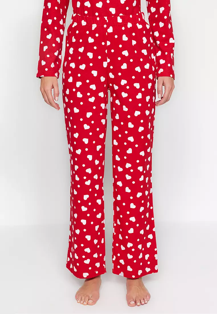 Red 100% Cotton Heart T-shirt-Pants Knitted Pajama Set THMAW24PT00124