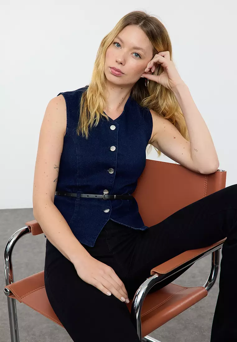 Dark Blue Belt Detailed Denim Vest