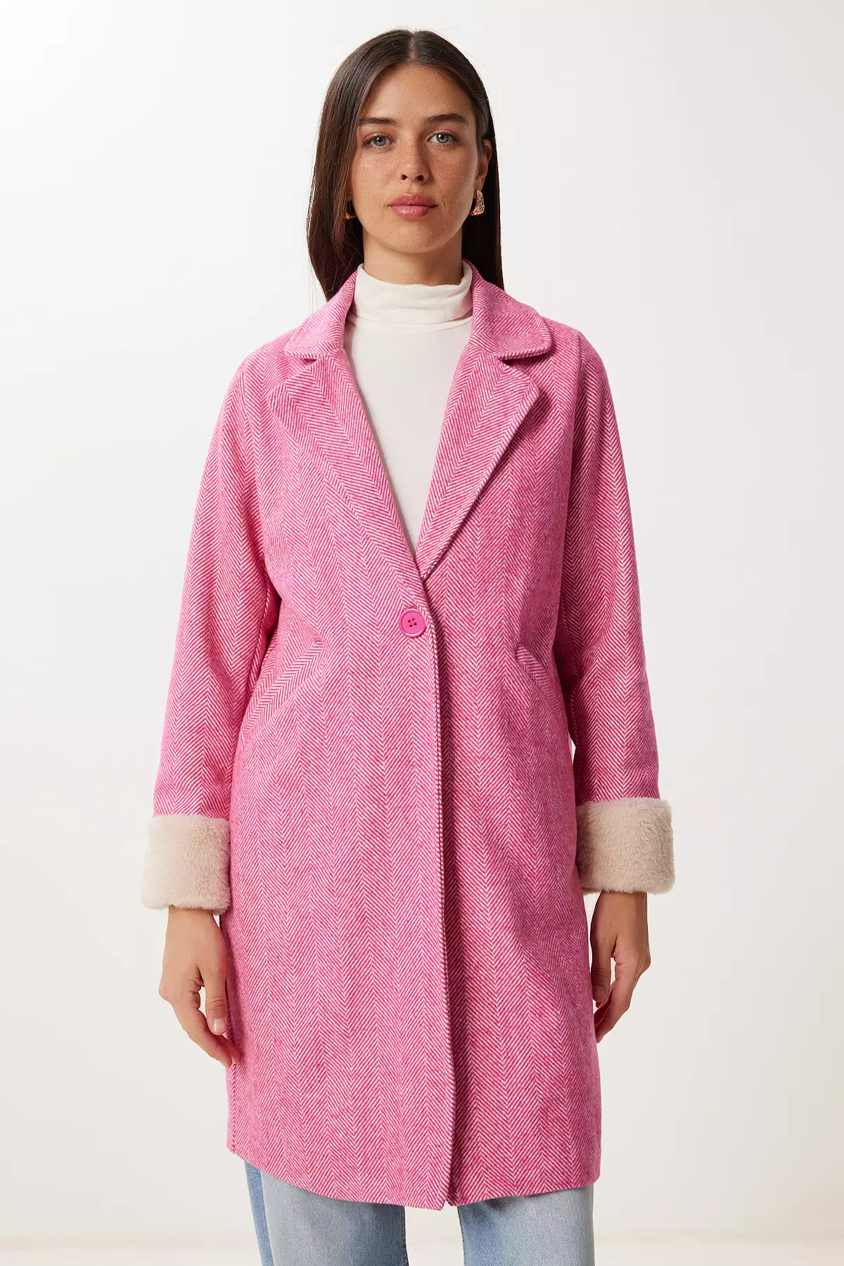 Women's Green Double Breasted Collar Fur Cashmere Coat Dd01367