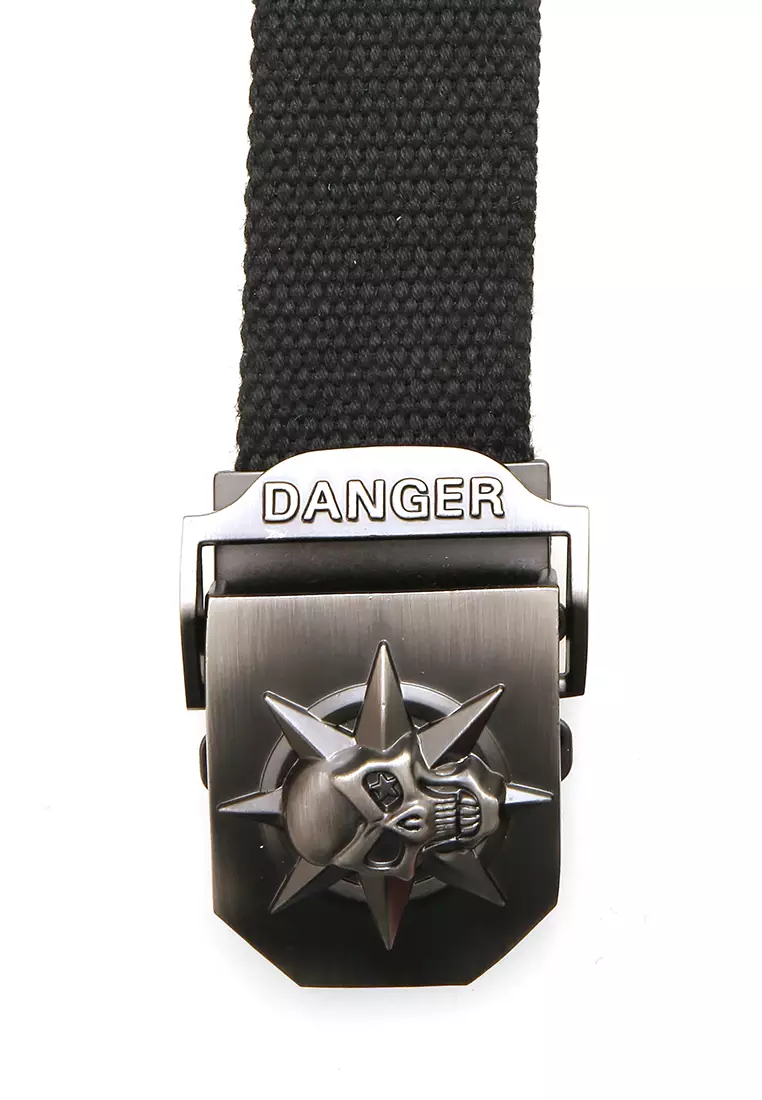 Ilo Aksesoris Fashion Pria Casual Belt Desain Buckle Skull Ikat Pinggang Material Canvas ORIGINAL - Black