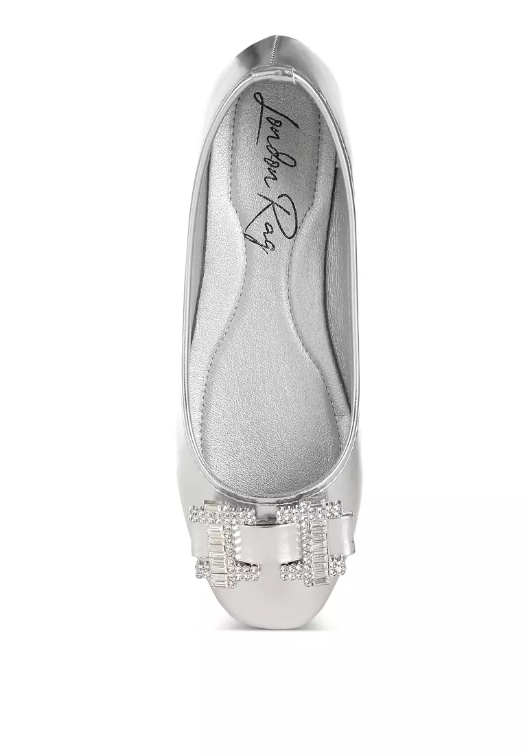 Rhinestone Buckle Metallic Ballerinas in Silver