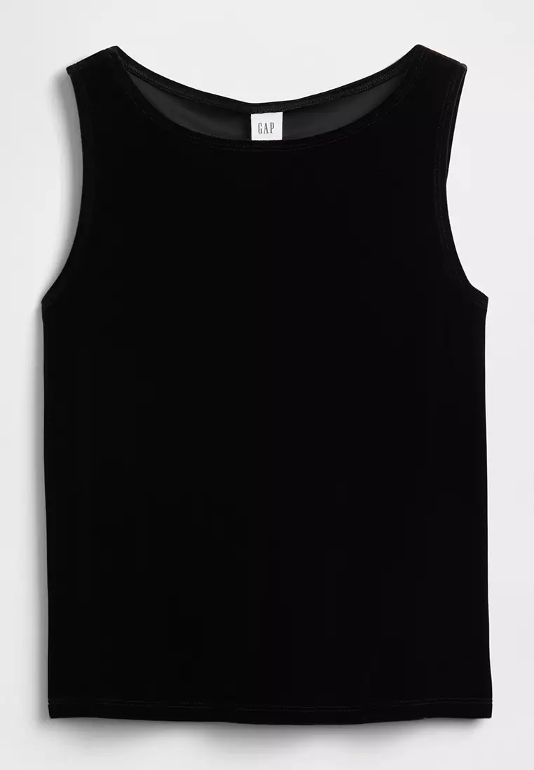 Sleeveless Boat Neck Velour Tank Top