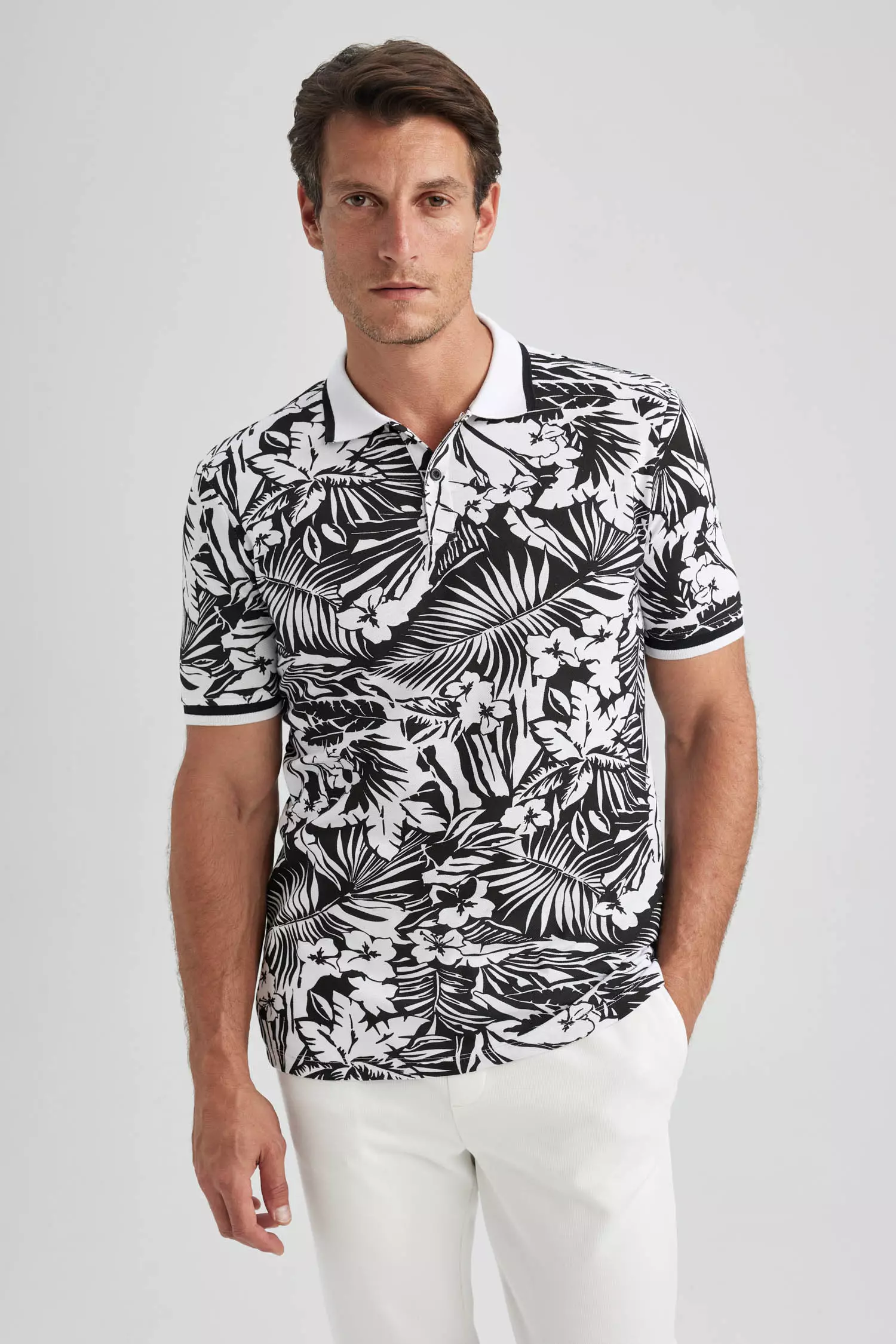 DeFacto Slim Fit Polo Collar Tropical Printed Cotton Polo T Shirt