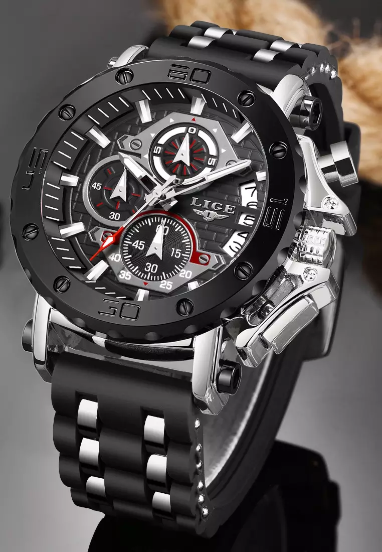 Chronograph Unisex Stainless Steel Quartz Watch, Black Bezel, Black dial, Rubber and Metal Strap