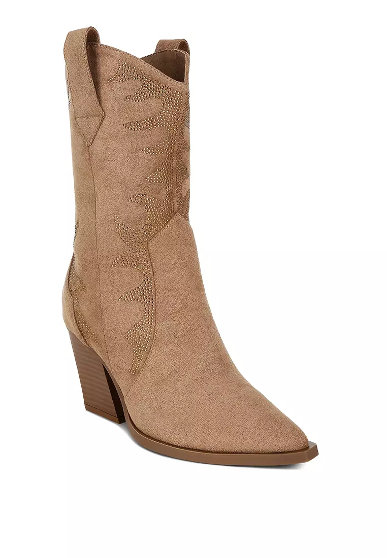 Rhinestones Embellished Calf Boots in Camel