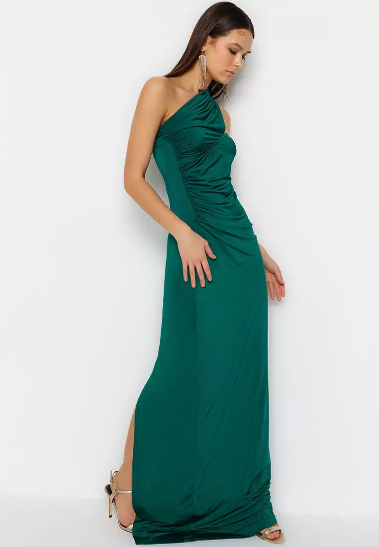 Asymmetrical Ruched Evening Maxi Dress