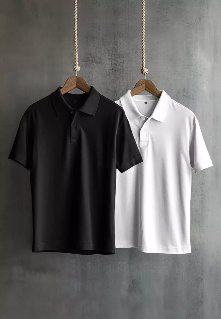 Black-White 2-piece Regular/Normal Cut 100% Cotton Polo Neck T-shirt TMNSS25PO00022