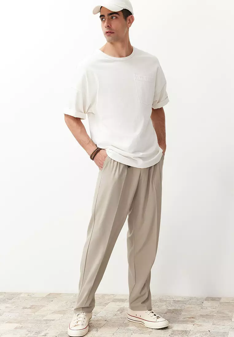 Stone Pleated Classic Baggy Fit Fabric Pants Tmnss24Pl00024