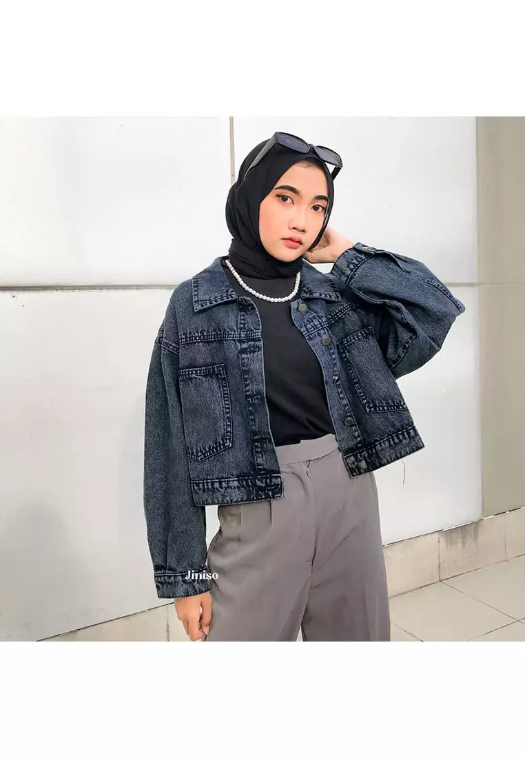 Jaket Crop Jeans Oversize Pocket Black Acid