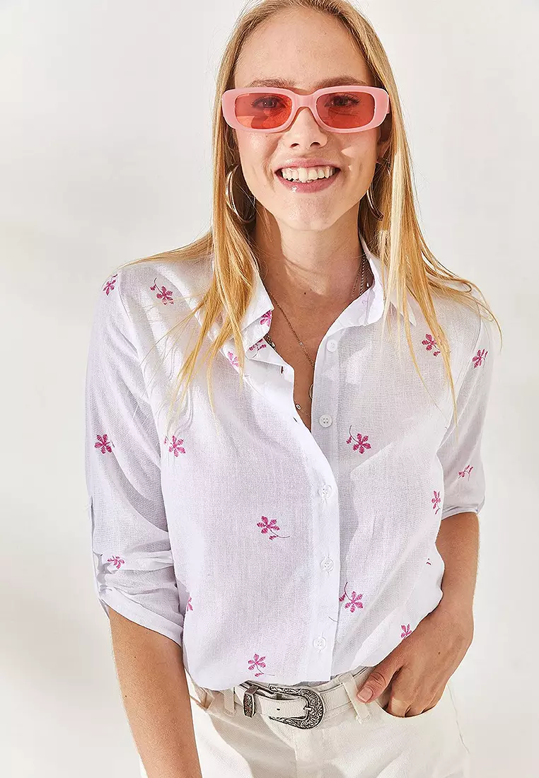Floral Fold Sleeves Linen Shirt