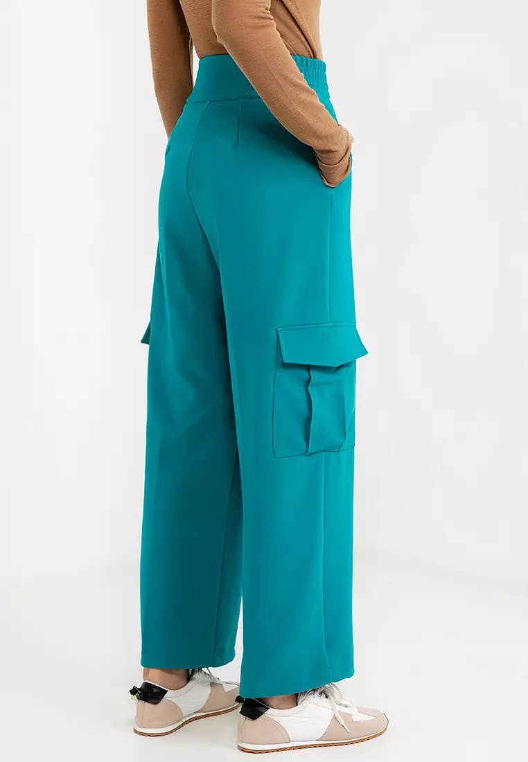 正面拉鍊高腰帶蓋口袋長褲