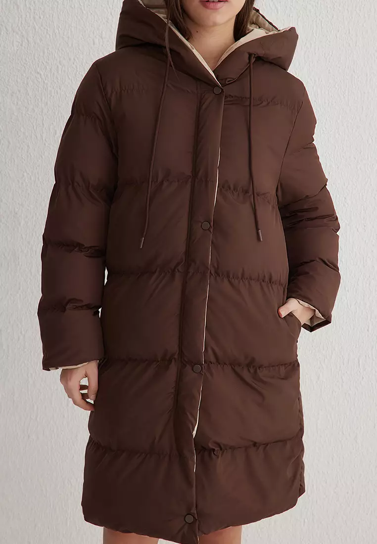 Dark Brown Ecru Double Sided Regular Fit Hooded Water Repellent Long Down Coat