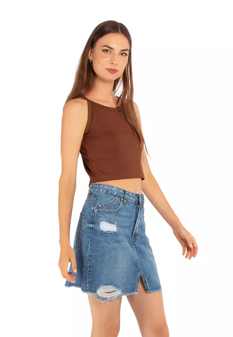 Crop Top Halter Dasar Coklat