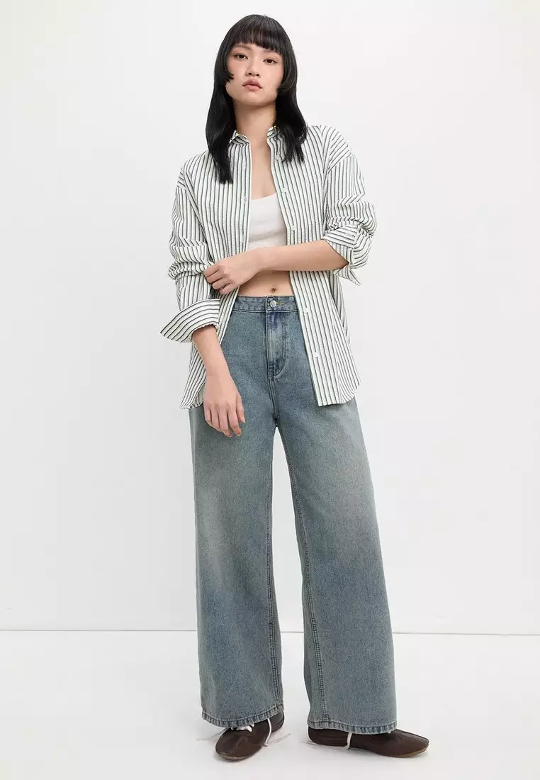 Oversized Striped Button Down Shirt - Dark Green