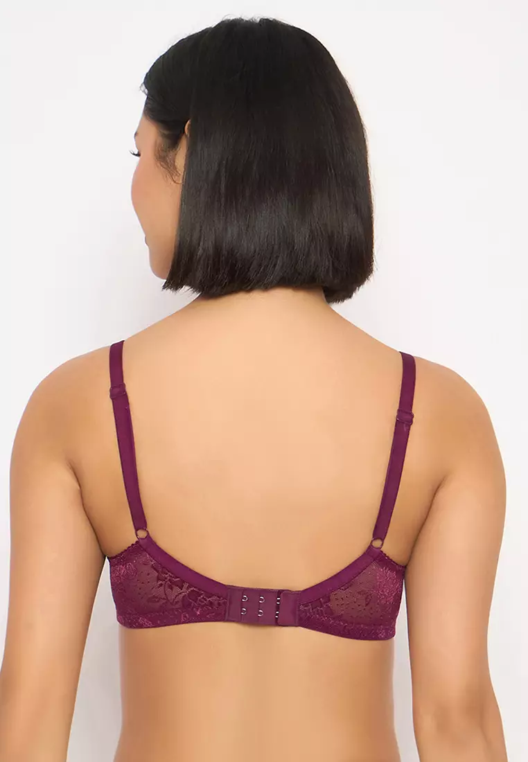 Clovia Lace Padded Non-Wired Full Coverage Bra in Purple