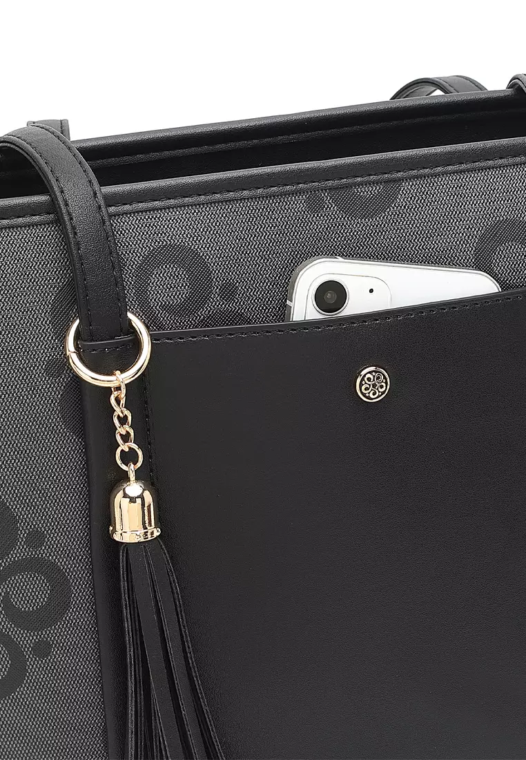 3-in-1 Women's Monogram Tote Bag + Sling Bag + Pouch (3-in-1 - Tas Jinjing + Tas Selempang + Kantong Wanita) - Hitam