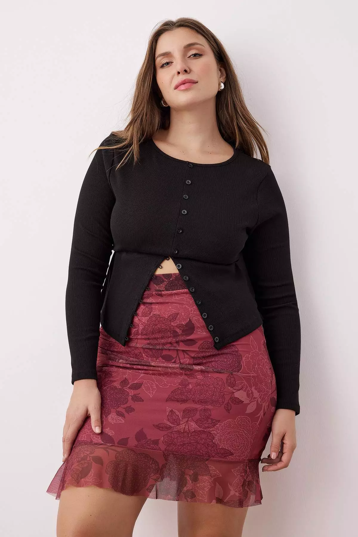 Burgundy Floral Mini Knitted Plus Size Skirt