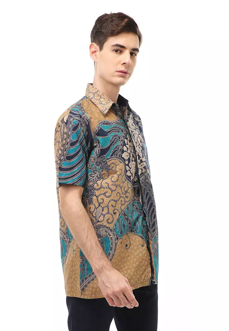 Kendrick Atasan Formal Kemeja Batik Pria Slim Fit Motif Cap Short Sleeve Material Cotton ORIGINAL - Tosca