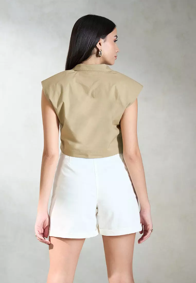 VIRGIO 100% Cotton Crop Shirt With Padded Shoulder