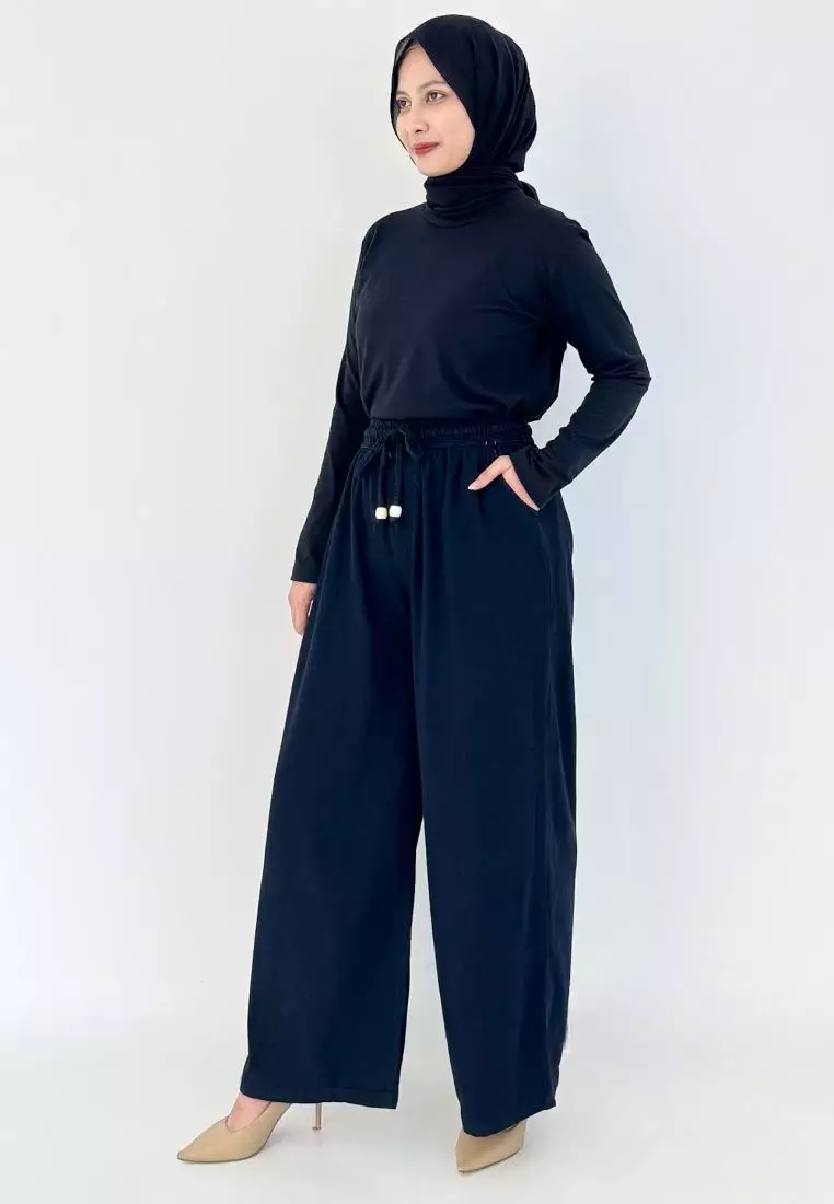 LEZAHRASIGNATURE Palazzo Emily - Celana Panjang Kulot Denim Wanita - Hitam