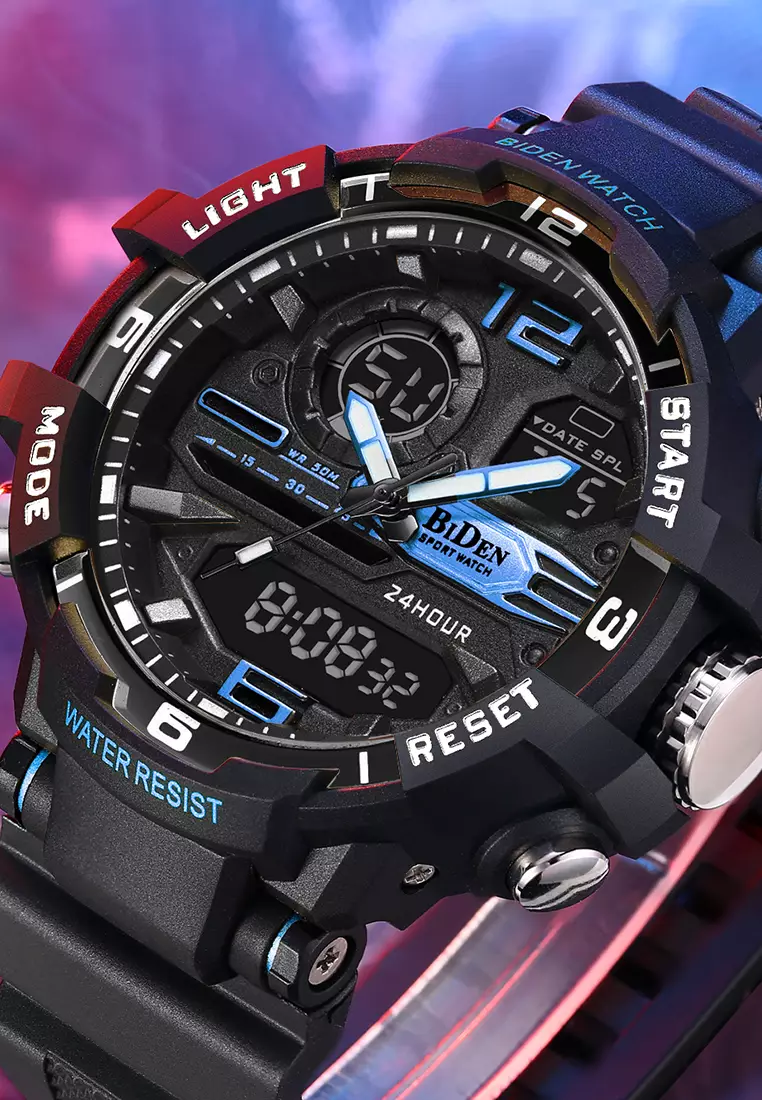 Jam Tangan Pria Digital&Analog Olahraga Pria Tahan Air Luminous Jam Tali Silikon Biru