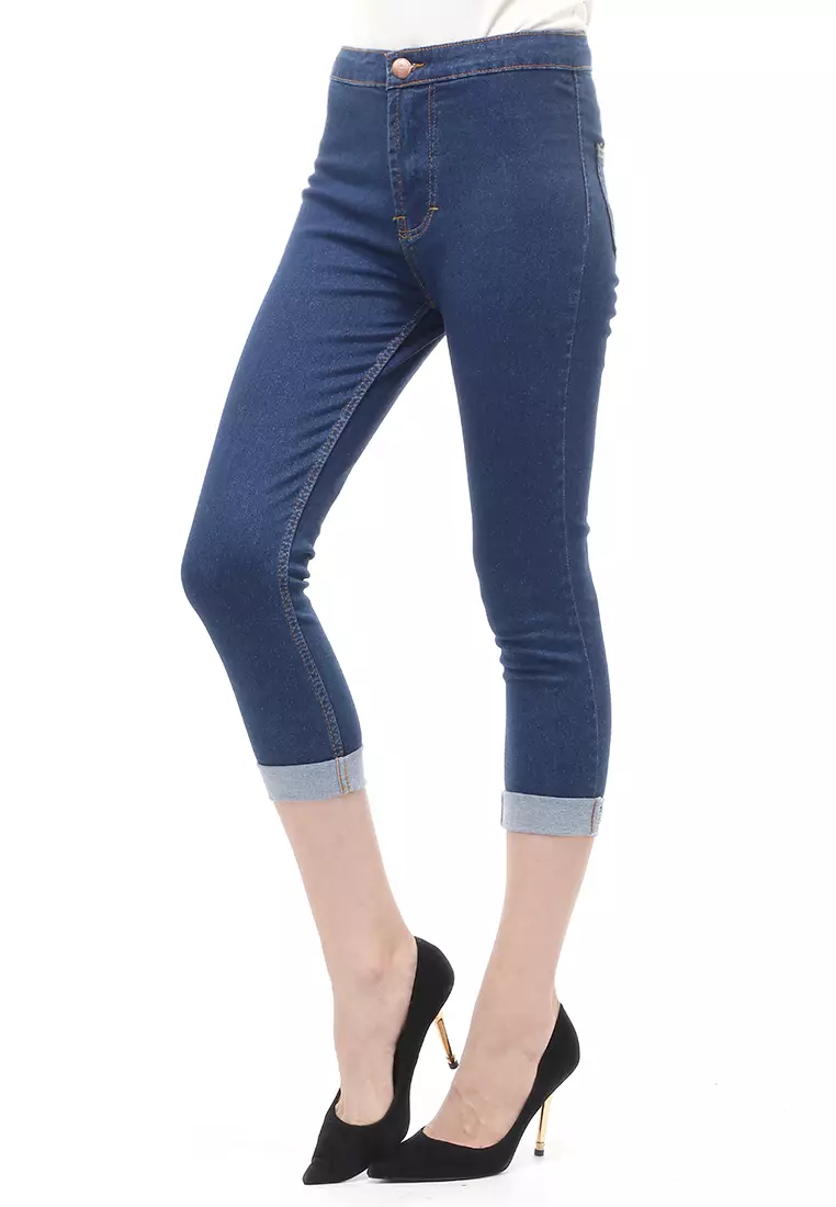 Jeans 7/9 Bawahan Wanita High Waist Design Simple Relaxed Fit - Elblue