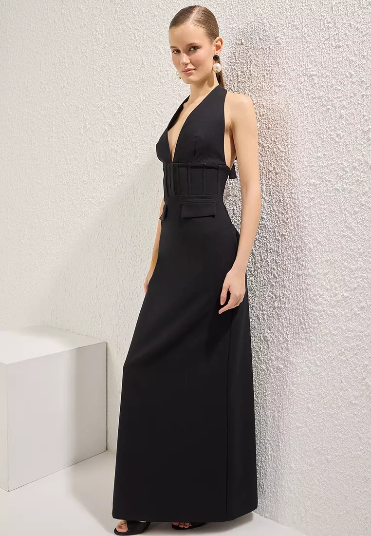 Black V Neck Piping Woven Long Elegant Evening Night Graduation Dress TPRSS25AE00136