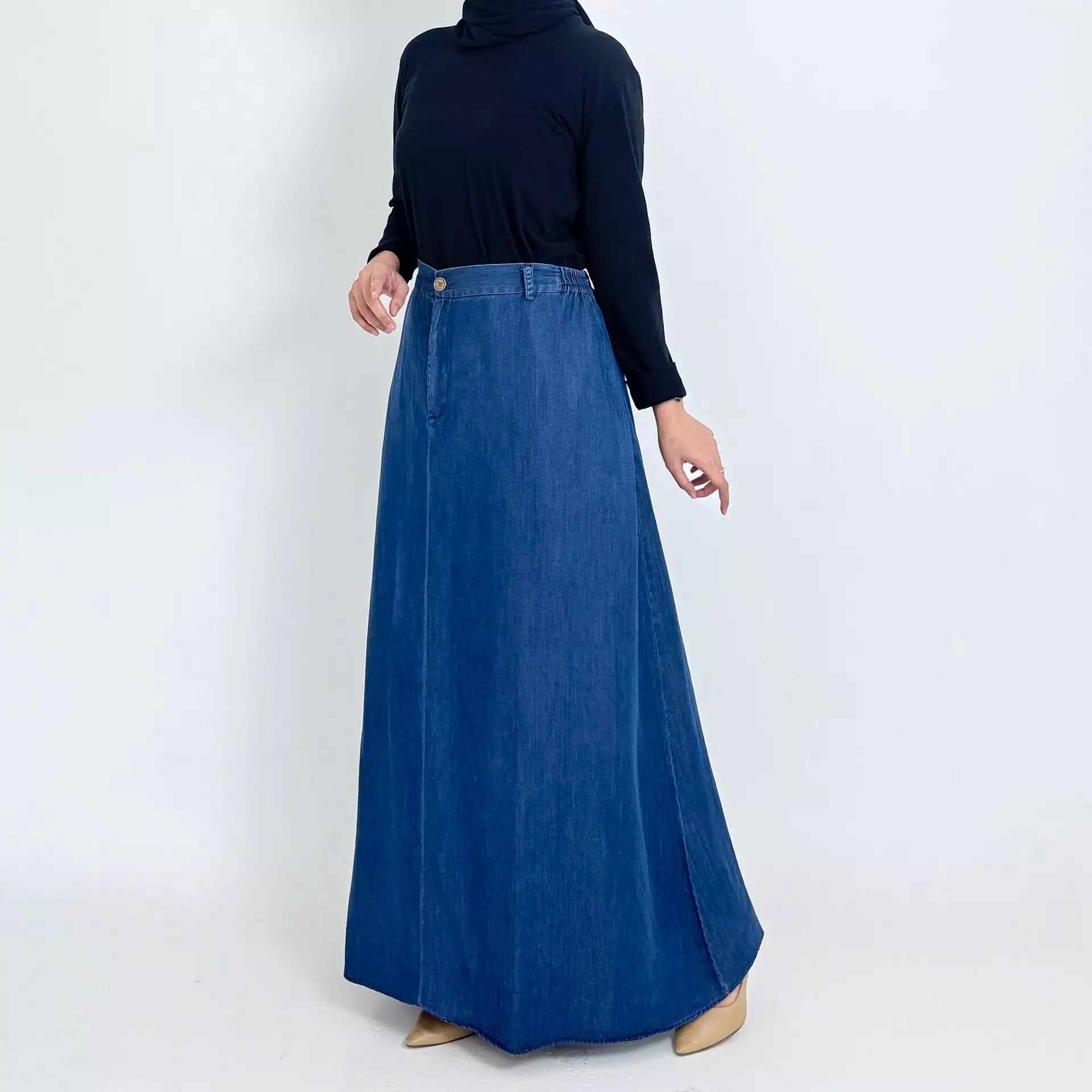 Salsa Flare Denim Skirt [Dark Blue] Rok Panjang 104-106 cm Soft Jeans Wanita A-Line