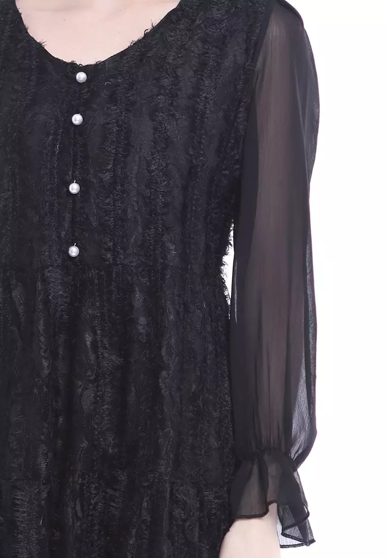 Ariel Mini Dress Wanita Long Sleeves Baju With Furry Design Elegant Regular Fit - Black