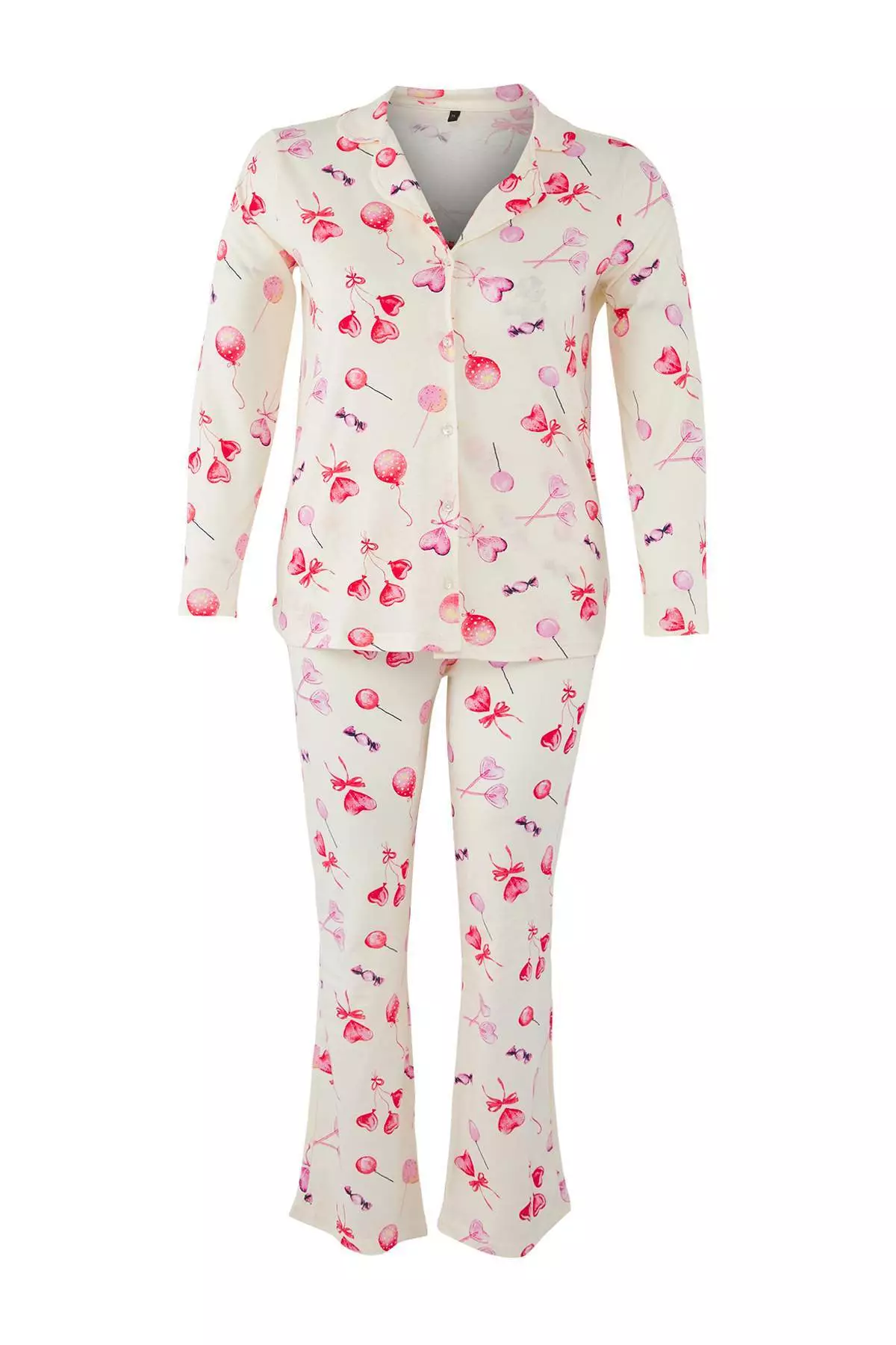 Ecru 100% Cotton Heart Patterned Shirt-Pants Knitted Pajama Set Tbbaw26Ai00017