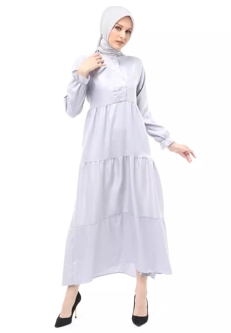 Alvia Gamis Rempel Panjang Wanita Motif Polos Long Sleeve Regular Fit - Abu