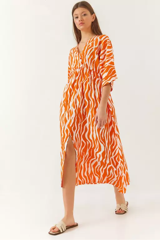 Women's Double Breasted V Neck Front Slit Detail Print Dress 60261411