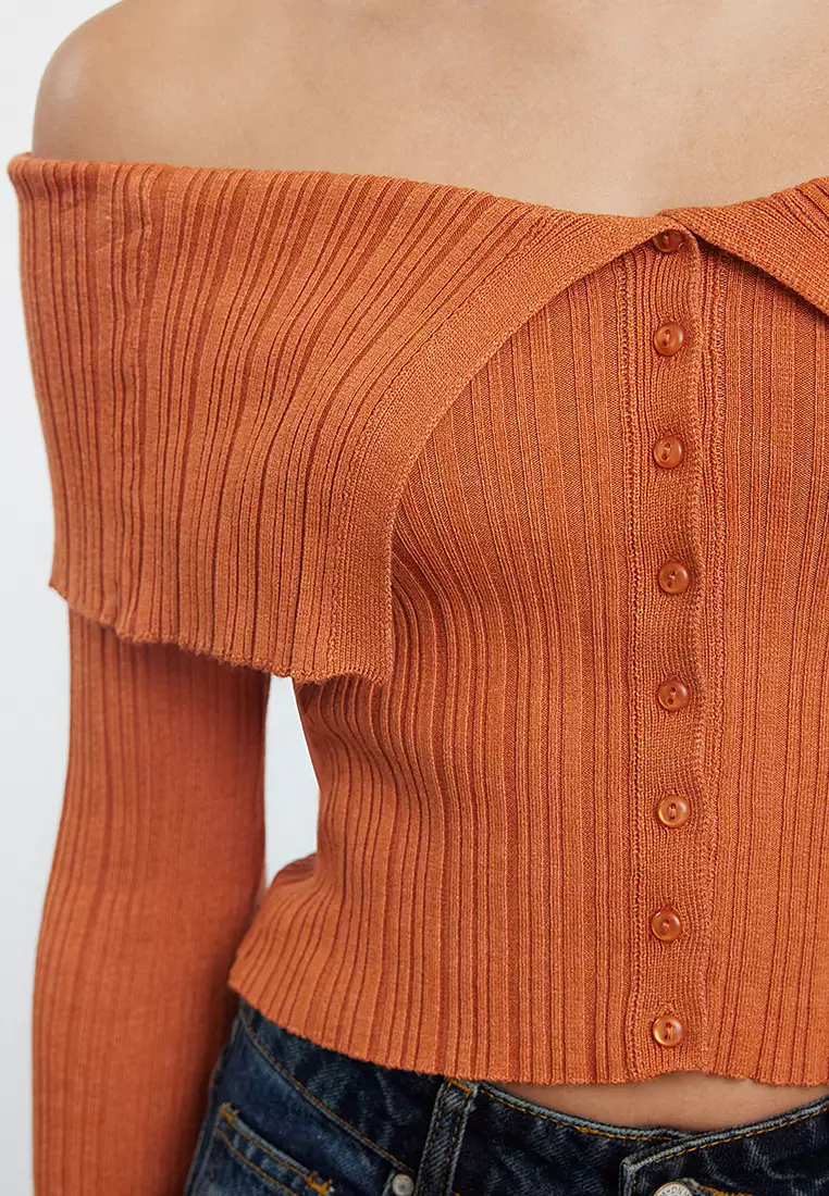 Orange Mercerized Look Crop Premium Yarn/Special Yarn Knitwear Cardigan TWOAW25HI00095