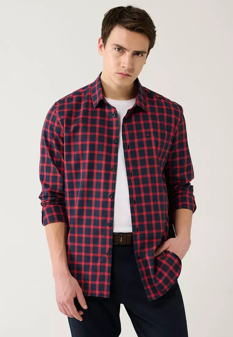 Men's Navy Blue-Red Cotton Plaid Flannel Lumberjack Shirt A32Y2158