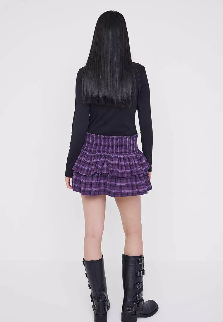 Teen Purple Plaid Pleated Skirt Look Mini Shorts & Bermuda