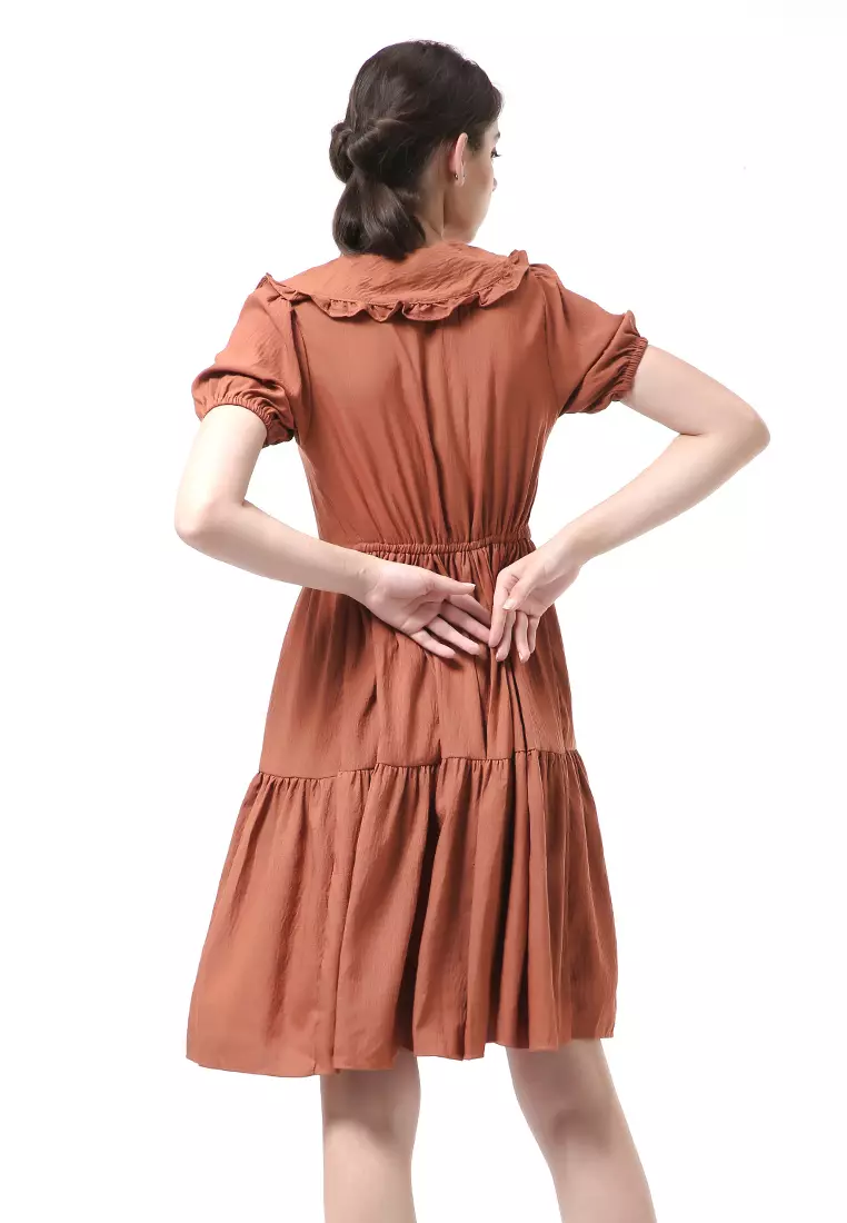 Rachel Dress Rample Wanita Collar Vintage Button Layer Trap Lengan Pendek Material Cey Flow ORIGINAL - Bata