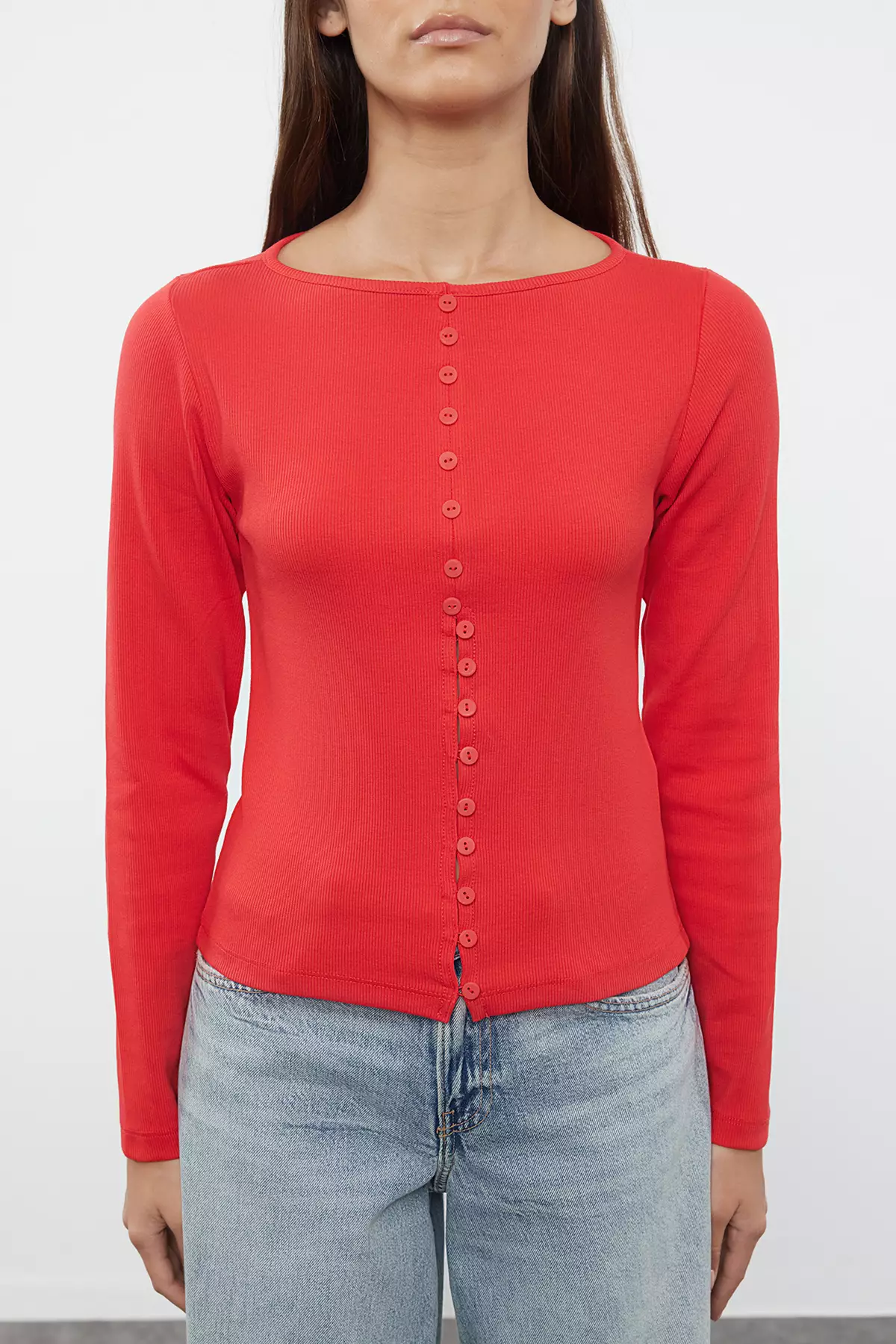 Flexible Corded Knitted Blouse Red Crew Neck Button Detail