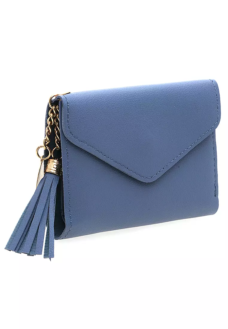 Dompet Wanita Aksen Rumbai Motif Solid Design Pastel Detail Kancing Snap - Biru